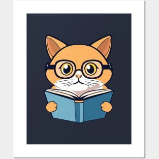 Orange cat with blue book Posters and Art